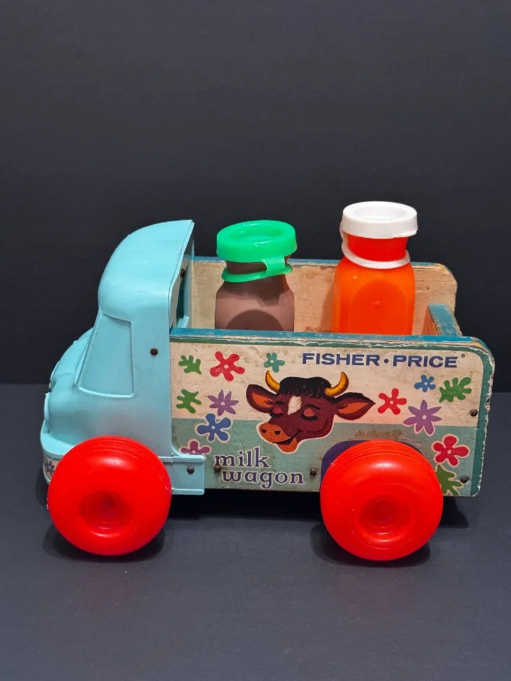 Fisher Price Pull Toy Milk Wagon 131 with Two Bottles, Vintage Circa 1965-1972